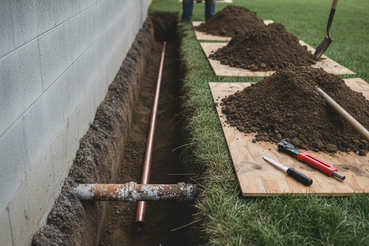 Excavated water line trench during Sewer Line Repair in Varnell